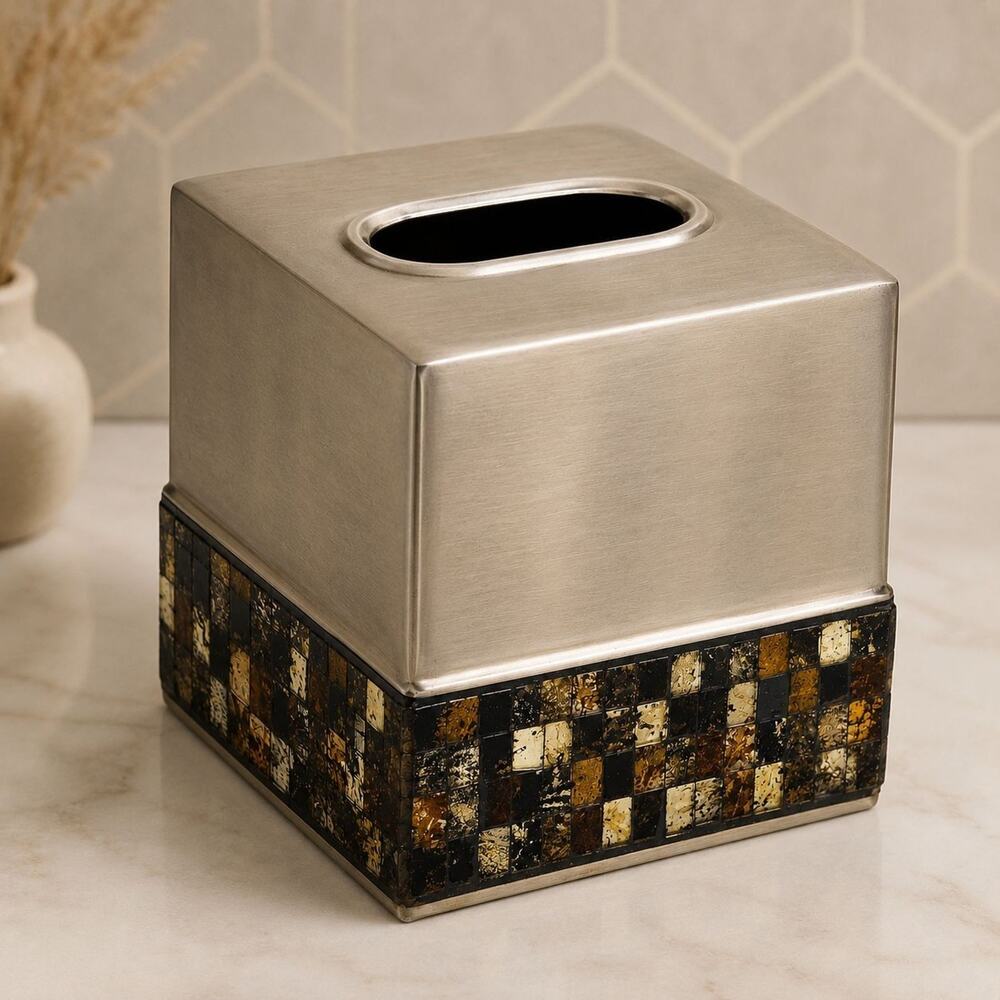 Brushed Metal Tissue Box Cover with Mosaic Tile Base Gold Black Square